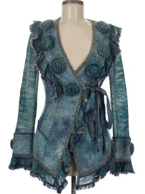 Stylish Boston Proper Teal Textured Wrap Cardigan Jacket Rosette Detail Size M